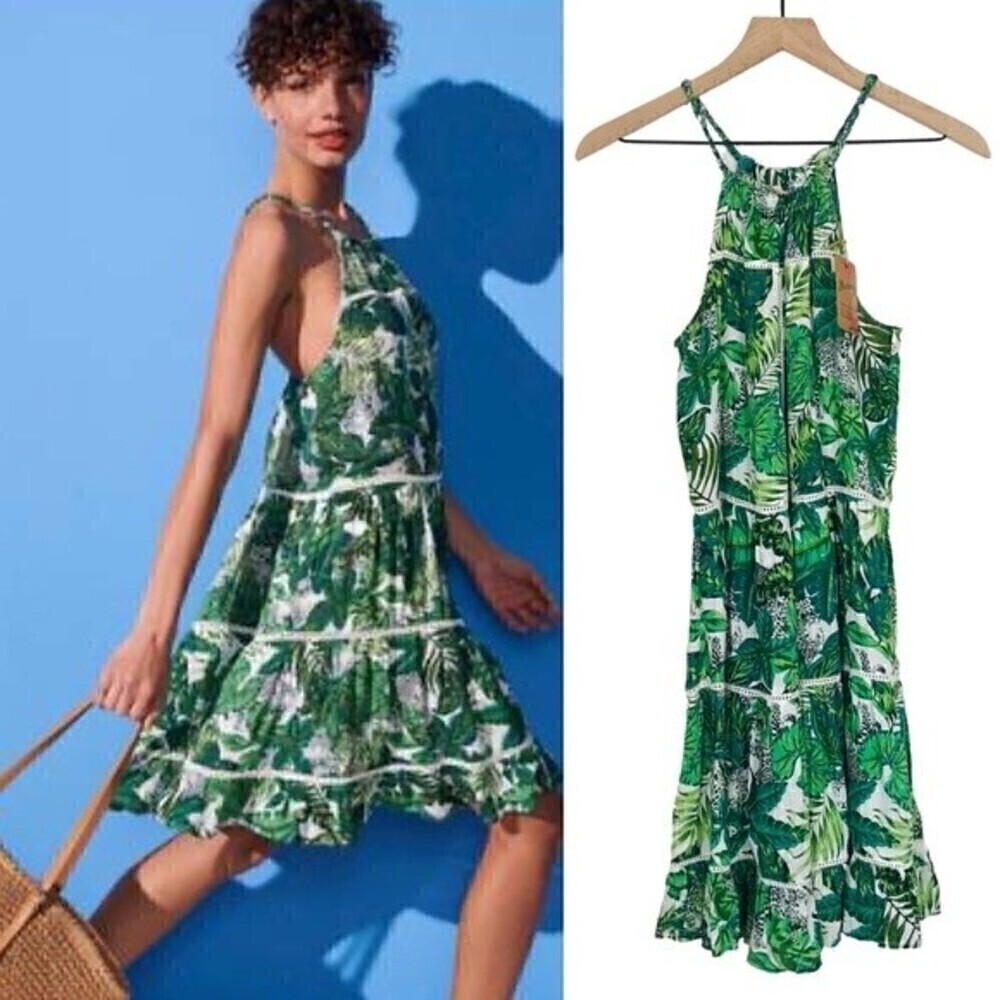 New! Tropical Leaves Foliage Leopard Tiered Crochet Mini Dress